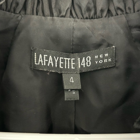 VTG Lafayette 148 Black 100% Silk Ruched Ruffle Lace Trim Jacket Blazer Womens 4 - Picture 9 of 10